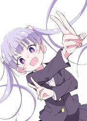 Rule 34 | 1girl, blunt bangs, flower, formal, hair flower, hair ornament, ixy, long hair, new game!, open mouth, purple eyes, purple hair, solo, suit, suzukaze aoba, twintails, twintails day, v