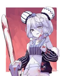 Rule 34 | 1girl, :3, ahoge, blood, blood on face, blood on hands, blue bow, bow, breasts, bun cover, chainsaw, clenched hand, collarbone, commentary, crop top, double bun, english commentary, fang, grey hair, hair bow, hair bun, heart, heart ahoge, heart hair, highres, holding, holding chainsaw, hood, hooded jacket, jacket, midriff, namiorii, navel, off shoulder, open mouth, original, purple shorts, second-party source, shorts, skitchama, small breasts, smile, solo, stitched face, stitches, striped clothes, striped jacket, zombie