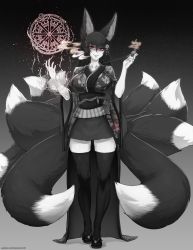Rule 34 | 1girl, animal ears, breasts, fox ears, fox tail, full body, gradient background, greyscale, hair between eyes, highres, holding, holding smoking pipe, japanese clothes, kimono, kiseru, large breasts, long hair, looking at viewer, magic circle, meolucky147, monochrome, multiple tails, obi, original, red eyes, sandals, sash, smoke, smoking pipe, solo, spot color, standing, tail, thighhighs, wide sleeves, zouri