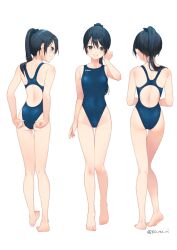 Rule 34 | 1girl, ass, bare arms, bare legs, bare shoulders, barefoot, black eyes, black hair, blue one-piece swimsuit, closed mouth, commission, competition swimsuit, from behind, full body, groin, houshou (kancolle), kantai collection, koruri, long hair, looking at viewer, multiple views, one-piece swimsuit, open mouth, ponytail, simple background, skeb commission, smile, swimsuit, twitter username, wet, wet clothes, wet swimsuit, white background