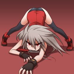 Rule 34 | 1girl, ass, black thighhighs, buruma, commentary, crawling, elena trafalgar, fingerless gloves, gloves, gradient background, highres, ikune juugo, knife, looking at viewer, mouth hold, original, red eyes, shadow, silver hair, simple background, solo, thighhighs