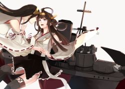 Rule 34 | 10s, 2girls, ahoge, bare shoulders, black footwear, black hair, black legwear, boots, brown hair, camel000, detached sleeves, double bun, hair ornament, hairband, haruna (kancolle), headgear, japanese clothes, kantai collection, kongou (kancolle), long hair, looking at another, machinery, multiple girls, nontraditional miko, remodel (kantai collection), ribbon-trimmed sleeves, ribbon trim, rigging, simple background, skirt, smile, smokestack, straight hair, thigh boots, thighhighs, turret, weapon, white background, wide sleeves, yuri