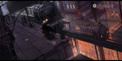 Rule 34 | 1girl, artist name, black jacket, building, commentary request, copyright name, dutch angle, facing away, highres, hood, hood down, hooded jacket, jacket, letterboxed, locomotive, pixiv fantasia, pixiv fantasia last saga, railing, scenery, sign, silhouette, solo focus, standing, steam, steam locomotive, suitcase, swd3e2, train, train station, white hair, window