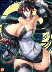 Rule 34 | 1girl, absurdres, armpits, black hair, blue eyes, breasts, cleavage, detached sleeves, fingerless gloves, gloves, gradient hair, haganef, highres, huge breasts, long hair, low neckline, multicolored hair, nanbu kaguya, narrow waist, open mouth, paid reward available, ponytail, red hair, super robot wars, super robot wars og saga mugen no frontier, sword, tagme, thick thighs, thighhighs, thighs, very long hair, weapon
