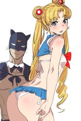 Rule 34 | 1boy, 1girl, ass, bikini, bishoujo senshi sailor moon, blonde hair, blue eyes, blue skirt, bow, bow (bhp), bowtie, character request, cowboy shot, crescent, crescent earrings, crop top, drill hair, earrings, from behind, jewelry, long hair, looking at viewer, looking back, mask, microskirt, open mouth, red bow, red neckwear, sailor moon, shoulder blush, side-tie bikini bottom, simple background, skirt, solo focus, swimsuit, tsukino usagi, twintails, very long hair, white background, white bikini