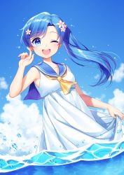 Rule 34 | 1girl, ;d, blue eyes, blue hair, breasts, cloud, commentary, day, dress, flower, hair between eyes, hair flower, hair ornament, hand up, highres, holding, holding clothes, holding dress, in water, jenevan, long hair, looking at viewer, neckerchief, ocean, one eye closed, open mouth, original, outdoors, ponytail, sailor collar, sailor dress, small breasts, smile, solo, wading, white dress