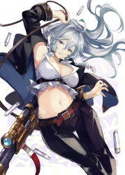 Rule 34 | 1girl, ahoge, arm up, armpits, belt, belt buckle, black coat, black pants, braid, breasts, buckle, cleavage, coat, commentary, crop top, crossed bangs, feet out of frame, floating hair, granblue fantasy, green eyes, gun, hair between eyes, highres, large breasts, long hair, long sleeves, looking at viewer, midriff, navel, nos, open clothes, open shirt, pants, rifle, shell casing, shirt, silva (granblue fantasy), sleeveless, sleeveless shirt, sniper rifle, solo, thigh gap, twin braids, weapon, white shirt