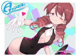 Rule 34 | 1girl, a channel, alternate hairstyle, breasts, breasts apart, brown hair, card, drill hair, gloves, hat, heart, highres, kuroda bb, leotard, long hair, low twintails, necktie, no eyewear, official art, one eye closed, playing card, purple eyes, short necktie, small breasts, solo, striped clothes, striped thighhighs, tennouji nagisa, thighhighs, top hat, twintails, white gloves