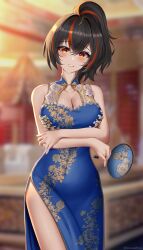 Rule 34 | 1girl, absurdres, alternate costume, bare shoulders, black hair, blue dress, blurry, blurry background, breasts, china dress, chinese clothes, cleavage, clenched teeth, cowboy shot, crossed arms, dress, floral print dress, hand fan, highres, indoors, large breasts, looking at viewer, multicolored hair, open mouth, ponytail, rayleigh scale, red eyes, red hair, side slit, sleeveless, sleeveless dress, solo, streaked hair, teeth, zenless zone zero, zhu yuan