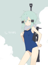 Rule 34 | 1girl, bare arms, bare shoulders, blue one-piece swimsuit, bright pupils, closed mouth, contrapposto, copyright request, cowboy shot, doremi, green eyes, green hair, grey background, gun, hair ornament, hairclip, korean text, looking at viewer, one-piece swimsuit, rifle, short hair, sinon, smile, sniper rifle, solo, standing, swimsuit, sword art online, weapon, weapon on back