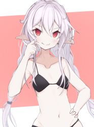 Rule 34 | 1girl, arknights, bare arms, bare shoulders, bikini, black bikini, blush, braid, closed mouth, collarbone, cowboy shot, fang, fang out, flat chest, twirling hair, hand on own hip, highres, long hair, looking at viewer, matchadzuke, navel, official alternate costume, pointy ears, red eyes, silver hair, skin fang, smile, solo, stomach, swimsuit, twin braids, very long hair, warfarin (arknights), warfarin (casual vacation) (arknights)
