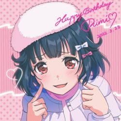 Rule 34 | 1girl, absurdres, bang dream!, beret, black hair, blush, bow, character name, chromatic aberration, commentary, dated, fingernails, fingers to cheeks, fur hat, hair bow, halftone, hands up, happy birthday, hat, heart, highres, jacket, long sleeves, looking at viewer, nobusawa osamu, open clothes, open jacket, parted lips, pink background, pink bow, pink shirt, polka dot, polka dot background, purple jacket, red eyes, shirt, short hair, smile, solo, striped, striped background, upper body, ushigome rimi, white bow, white hat