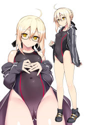 Rule 34 | 1girl, ahoge, artoria pendragon (fate), bare shoulders, black footwear, black jacket, black one-piece swimsuit, black ribbon, blonde hair, braid, breasts, collarbone, competition swimsuit, covered navel, fate/grand order, fate (series), french braid, full body, glasses, hair ribbon, highleg, highleg swimsuit, highres, jacket, legs, long hair, long sleeves, looking at viewer, multiple views, mysterious heroine x alter (fate), namonashi, off shoulder, one-piece swimsuit, open clothes, open jacket, ribbon, shoes, simple background, small breasts, sneakers, swimsuit, white background, yellow eyes