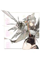 Rule 34 | 1girl, aiming up, arknights, black skirt, border, bow (weapon), brown cape, cape, cropped legs, crossbow, fartooth (arknights), feather hair, gauntlets, grey hair, highres, holding, holding crossbow, holding sword, holding weapon, long hair, pipidan, ribbon, shirt, skirt, solo, sword, thigh strap, thighs, visor (armor), visor lift, weapon, white background, white border, white shirt, yellow eyes