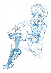 Rule 34 | 1girl, arm support, bartender, bbb (friskuser), blue theme, blunt bangs, bow, bowtie, closed mouth, commentary, crossed legs, cup, cutlass (girls und panzer), dress shirt, drinking glass, full body, girls und panzer, handkerchief, highres, holding, holding cup, ice, loafers, long sleeves, looking at viewer, maid headdress, miniskirt, monochrome, pleated skirt, print socks, school uniform, shirt, shoes, short hair, single horizontal stripe, sitting, skirt, smile, socks, solo, vest, white shirt, wing collar