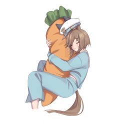 Rule 34 | 1girl, animal ears, blue pants, blue shirt, blush, body pillow, brown hair, cheval grand (umamusume), closed eyes, cropped legs, hat, highres, horse ears, horse girl, horse tail, hugging object, katuko deluxe, long sleeves, pajamas, pants, parted lips, pillow, pillow hug, shirt, short hair, simple background, solo, tail, umamusume, white background, white hat