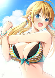1girl, :d, ahoge, armpits, azuma yuki, bangs, bikini, blonde hair, blue eyes, blue sky, bracelet, breasts, cleavage, cloud, commentary request, dated, day, eyebrows visible through hair, hachimiya meguru, highres, idolmaster, idolmaster shiny colors, jewelry, large breasts, layered bikini, looking at viewer, multicolored, multicolored bikini, multicolored clothes, open mouth, outdoors, sidelocks, signature, sky, smile, solo, stretch, swimsuit, upper body