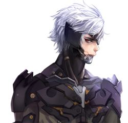 Rule 34 | 1boy, armor, cyborg, eyepatch, looking at viewer, looking to the side, male focus, mechanical parts, metal gear (series), metal gear rising: revengeance, raiden (metal gear), red eyes, short hair, simple background, solo, starsniper, upper body, white background, white hair