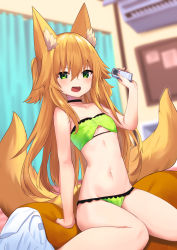 Rule 34 | 1girl, :d, animal ear fluff, animal ears, bare arms, bare shoulders, black choker, bra, breasts, choker, clothing cutout, collarbone, fox ears, fox girl, fox tail, green bra, green eyes, green panties, hand up, highres, holding, kokonoe tsubaki, multiple tails, navel, open mouth, orange hair, original, panties, sitting, small breasts, smile, solo, stomach, sweatdrop, tail, thighs, two side up, two tails, underboob cutout, underwear, underwear only, v-shaped eyebrows, yoshizawa tsubaki