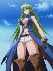 Rule 34 | 1girl, aruka schild, breasts, cleavage, cleavage cutout, closed mouth, clothing cutout, cloud, gloves, green hair, large breasts, navel, needless, outdoors, screencap, shorts, sky, standing, stomach, tagme, thighs, white shorts, yellow eyes
