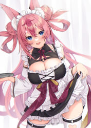 Rule 34 | 1girl, animal ears, belt, blue eyes, breasts, cleavage, clothes lift, commission, dress, dress lift, flower, hanayono menora, highres, holding, indie virtual youtuber, izumi kei, large breasts, lifted by self, long hair, long sleeves, looking at viewer, maid, maid headdress, open mouth, pink hair, pink ribbon, pleated dress, ribbon, skeb commission, smile, solo, standing, thighhighs, twintails, very long hair, virtual youtuber, white thighhighs