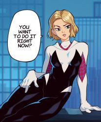 Rule 34 | 1girl, animification, blonde hair, blurry, blurry background, bodysuit, breasts, english text, eyebrow piercing, gwen stacy, highres, long sleeves, marvel, medium breasts, parted lips, piercing, red lips, short hair, sitting, solo, speech bubble, spider-gwen, spider-man: into the spider-verse, spider-man (series), spider-verse, spider web print, suoiresnu, superhero costume, teeth
