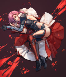 Rule 34 | 10s, 1girl, absurdres, armor, blue eyes, cape, final fantasy, final fantasy xiii, gloves, highres, lightning farron, lightning returns: final fantasy xiii, looking at viewer, lying, on side, parted lips, pink hair, solo, splish, thighhighs