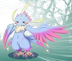 Rule 34 | 1girl, bird, female focus, full body, furry, furry female, gradient background, liu wo, nature, open mouth, outdoors, plant, purple eyes, solo