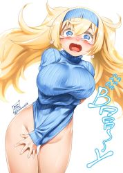 Rule 34 | @ @, alternate costume, arm under breasts, blonde hair, blue eyes, blue leotard, blue sweater, blush, bottomless, breasts squeezed together, breasts, catchphrase, contrapposto, covered erect nipples, covering privates, covering crotch, cowboy shot, crying, crying with eyes open, embarrassed, gambier bay (kancolle), hairband, highleg, highleg leotard, kantai collection, kore (korewa13th), large breasts, leaning to the side, leotard, long hair, long sleeves, looking at viewer, meme attire, no panties, one-hour drawing challenge, open mouth, ribbed leotard, ribbed sweater, scared, solo, sweater, teardrop, tears, thigh gap, thighs, tongue, turtleneck, heattech leotard, turtleneck sweater, twintails, wavy mouth, wide hips