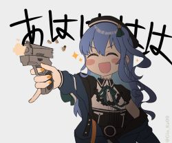Rule 34 | 1girl, ^ ^, asymmetrical hair, beret, black hat, black shirt, blue jacket, blush, blush stickers, choker, closed eyes, collared shirt, commentary, firing, flat chest, gin ka08, green ribbon, grey background, gun, handgun, hat, holding, holding gun, holding weapon, hololive, hoshimachi suisei, hoshimachi suisei (streetwear), jacket, laughing, motion blur, nail polish, neck ribbon, off shoulder, official alternate costume, open clothes, open jacket, open mouth, orange nails, ribbon, shell casing, shirt, short sleeves, side ponytail, simple background, smile, solo, sparkle, twitter username, upper body, virtual youtuber, weapon, wing collar