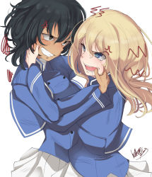 Rule 34 | 10s, 2girls, andou (girls und panzer), anger vein, artist name, bad id, bad pixiv id, bc freedom military uniform, black hair, blonde hair, blue eyes, blue jacket, blue vest, brown eyes, cheek pinching, commentary, dark-skinned female, dark skin, dirty, dirty clothes, dress shirt, fighting, frown, fume, girls und panzer, glaring, grimace, high collar, jacket, long sleeves, looking at another, medium hair, messy hair, military, military uniform, miniskirt, momendoufu, mouth pull, multiple girls, open mouth, oshida (girls und panzer), pinching, pleated skirt, saliva, sharp teeth, shirt, signature, simple background, skirt, standing, tearing up, teeth, uniform, upper body, vest, white background, white shirt, white skirt