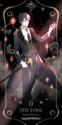 Rule 34 | 1boy, baton, black hair, black necktie, black suit, brown eyes, cane, f.l.c., formal, highres, klein moretti, looking at object, lord of the mysteries, male focus, mask, necktie, numbered, pocket watch, shirt, signature, solo, star (symbol), suit, tarot, tarot (medium), the fool (tarot), watch, white shirt