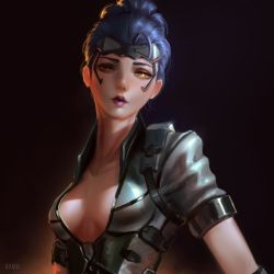 Rule 34 | 1girl, breasts, cleavage, dark background, goggles, goggles on head, highres, looking at viewer, official alternate costume, overwatch, overwatch 1, parted lips, ponytail, purple hair, raikoart, solo, talon widowmaker, widowmaker (overwatch), yellow eyes