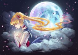 Rule 34 | 1girl, bishoujo senshi sailor moon, blonde hair, blue sailor collar, choker, circlet, closed eyes, crescent, crescent earrings, double bun, earrings, elbow gloves, from side, full moon, gang g, gloves, glowing, hair bun, hair ornament, jewelry, lipstick, long hair, makeup, moon, petals, pink lips, profile, sailor collar, sailor moon, sky, solo, star (sky), starry sky, tsukino usagi, twintails, upper body, very long hair, white gloves
