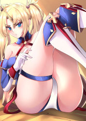 Rule 34 | 1girl, ass, bare shoulders, blonde hair, blue eyes, blush, boots, bradamante (fate), bradamante (first ascension) (fate), braid, breasts, cleavage, elbow gloves, fate/grand order, fate (series), french braid, gloves, hair between eyes, hair ornament, highres, hip focus, knee boots, knees up, large breasts, leotard, long hair, looking at viewer, open mouth, shumiao, sitting, solo, thigh strap, thighs, twintails, v-shaped eyebrows, white footwear