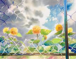 Rule 34 | blue sky, broken, chain-link fence, cloud, cloudy sky, dandelion, day, didi daisukedoi, fence, flower, highres, leaf, no humans, original, painting (medium), plant, sky, sunlight, traditional media, watercolor (medium), yellow flower