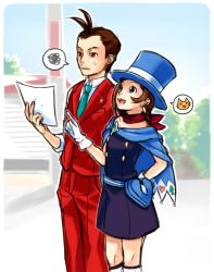 Rule 34 | 1boy, 1girl, ace attorney, apollo justice, apollo justice: ace attorney, arms behind back, blue cape, blue dress, blue eyes, brown hair, cape, confetti, dress, earrings, formal, gloves, hair between eyes, hat, holding, holding paper, jewelry, magician, nicanatz, pants, paper, pointing, rabbit, red pants, red scarf, red vest, scarf, short hair, sweatdrop, top hat, trucy wright, vest, white gloves