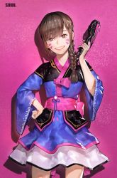 Rule 34 | 1girl, :d, absurdres, adapted costume, alternate hairstyle, artist name, bad id, bad twitter id, braid, brown eyes, brown hair, charm (object), cowboy shot, d.va (overwatch), dress, eyelashes, facial mark, finger on trigger, grin, gun, hair ornament, hair tie, hanbok, hand on own hip, hand up, handgun, highres, holding, holding gun, holding weapon, korean clothes, lips, long hair, long sleeves, looking at viewer, official alternate costume, open mouth, overwatch, overwatch 1, palanquin d.va, pink lips, sash, sidelocks, single braid, smile, sohn woohyoung, solo, traditional clothes, weapon, whisker markings, wide sleeves