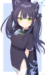 Rule 34 | 1girl, animal ears, arms behind back, basa rutan, black dress, black hair, blue archive, blue halo, blush, chinese clothes, closed mouth, cowboy shot, dress, extra ears, green eyes, halo, highres, long hair, looking at viewer, short sleeves, shun (blue archive), shun (small) (blue archive), signature, smile, solo, thighhighs, two side up, white thighhighs