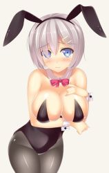 Rule 34 | 10s, 1girl, :&gt;, animal ears, bad id, bad twitter id, bare shoulders, black pantyhose, blue eyes, blush, bow, bowtie, breast suppress, breasts, cleavage, closed mouth, cowboy shot, detached collar, eyes visible through hair, fake animal ears, grey background, hair ornament, hair over one eye, hairclip, hamakaze (kancolle), kantai collection, large breasts, leotard, looking at viewer, medium breasts, omochi (yuki-hibarigaoka), pantyhose, playboy bunny, rabbit ears, red bow, red bowtie, short hair, silver hair, simple background, solo, tears, wrist cuffs
