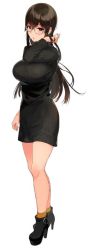 Rule 34 | 1girl, black footwear, black sweater, blush, breasts, dress, full body, glasses, hand in own hair, large breasts, long sleeves, looking at viewer, orange socks, parted lips, red eyes, ribbed sweater, sakuramachi touko, sasamori tomoe, simple background, socks, solo, standing, succubus stayed life, sweater, sweater dress, white background, yellow socks