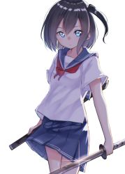 Rule 34 | 1girl, blue eyes, blue sailor collar, blue skirt, bow, brown hair, commentary request, glint, hair between eyes, highres, holding, holding sheath, holding sword, holding weapon, katana, long hair, looking at viewer, one side up, original, parted lips, pleated skirt, red bow, sailor collar, school uniform, serafuku, sheath, shirt, short sleeves, simple background, skirt, solo, suzunari shizuku, sword, unsheathed, weapon, white background, white shirt, yuki arare