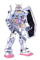 Rule 34 | clenched hand, gun, gundam, highres, holding, holding gun, holding shield, holding weapon, mecha, mobile suit, mobile suit gundam, no humans, robot, rx-78-2, science fiction, shield, solo, standing, the count of s, v-fin, weapon, white background, yellow eyes