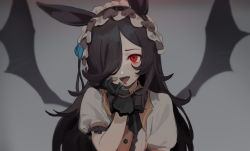 Rule 34 | 1girl, absurdres, animal ears, black gloves, blush, bow, bowtie, brown hair, fangs, frills, gloves, grey background, hair over one eye, hairband, highres, horse ears, horse girl, lolita hairband, long hair, looking at viewer, official alternate costume, open mouth, red eyes, rice shower (make up vampire!) (umamusume), rice shower (umamusume), sh (shinh), short sleeves, simple background, solo, umamusume, upper body, wings