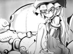 Rule 34 | 1girl, :3, ascot, bad id, bad pixiv id, button eyes, buttons, chair, expressionless, flandre scarlet, greyscale, hat, long hair, looking at viewer, mantarou (shiawase no aoi tori), monochrome, solo, stuffed animal, stuffed toy, touhou