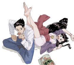 Rule 34 | 1boy, 1girl, ace attorney, arm up, bare legs, black hair, blue pants, breasts, bright pupils, collared shirt, cracker, crossed ankles, eating, feet, food, full body, hanten (clothes), highres, japanese clothes, jewelry, kimono, legs, legs up, long hair, lying, maya fey, mouth hold, necklace, omen hohoho, on back, on ground, pants, phoenix wright, pink kimono, red sash, sash, senbei, shadow, shirt, short kimono, short sleeves, signature, simple background, sitting, small breasts, soles, toes, white background, white pupils, white shirt, wide sleeves