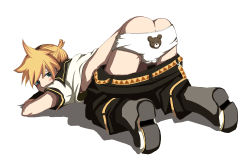 Rule 34 | 1boy, all fours, aqua eyes, ass, blonde hair, blush, clothes pull, jitsu, kagamine len, looking at viewer, male focus, pants, pants pull, solo, stuffed animal, stuffed toy, teddy bear, top-down bottom-up, underwear, vocaloid