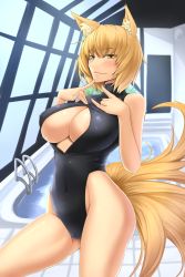 Rule 34 | 1girl, :3, akitsuki karasu, animal ears, black one-piece swimsuit, blonde hair, breasts, cameltoe, cleavage, fang, fang out, female focus, fox ears, fox tail, front zipper swimsuit, highleg, highleg swimsuit, highres, large breasts, looking at viewer, meme attire, multiple tails, one-piece swimsuit, pool, pool ladder, rei no pool, solo, swimsuit, tail, touhou, unzipped, yakumo ran, yellow eyes, zipper