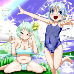 Rule 34 | &gt; &lt;, 2girls, ahoge, barefoot, belly, bikini, blue eyes, blue hair, blush, brain freeze, breasts, cameltoe, cirno, competition school swimsuit, covered navel, daiyousei, closed eyes, fairy wings, flat chest, food, green hair, hair ribbon, ice, ice wings, kuranosuke, large breasts, multiple girls, one-piece swimsuit, open mouth, outstretched arms, plump, popsicle, ribbon, school swimsuit, side ponytail, sitting, standing, standing on one leg, swimsuit, touhou, wariza, wet, wings