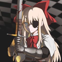 Rule 34 | 1girl, blonde hair, blood, bloody weapon, blouse, blush, bow, checkered background, closed mouth, collared shirt, commentary request, eyelander, eyepatch, gauntlets, hair between eyes, hair bow, hbkhk2007, holding, holding sword, holding weapon, long hair, looking at viewer, red bow, red neckwear, shanghai doll, shirt, solo, sword, team fortress 2, touhou, upper body, weapon, white shirt